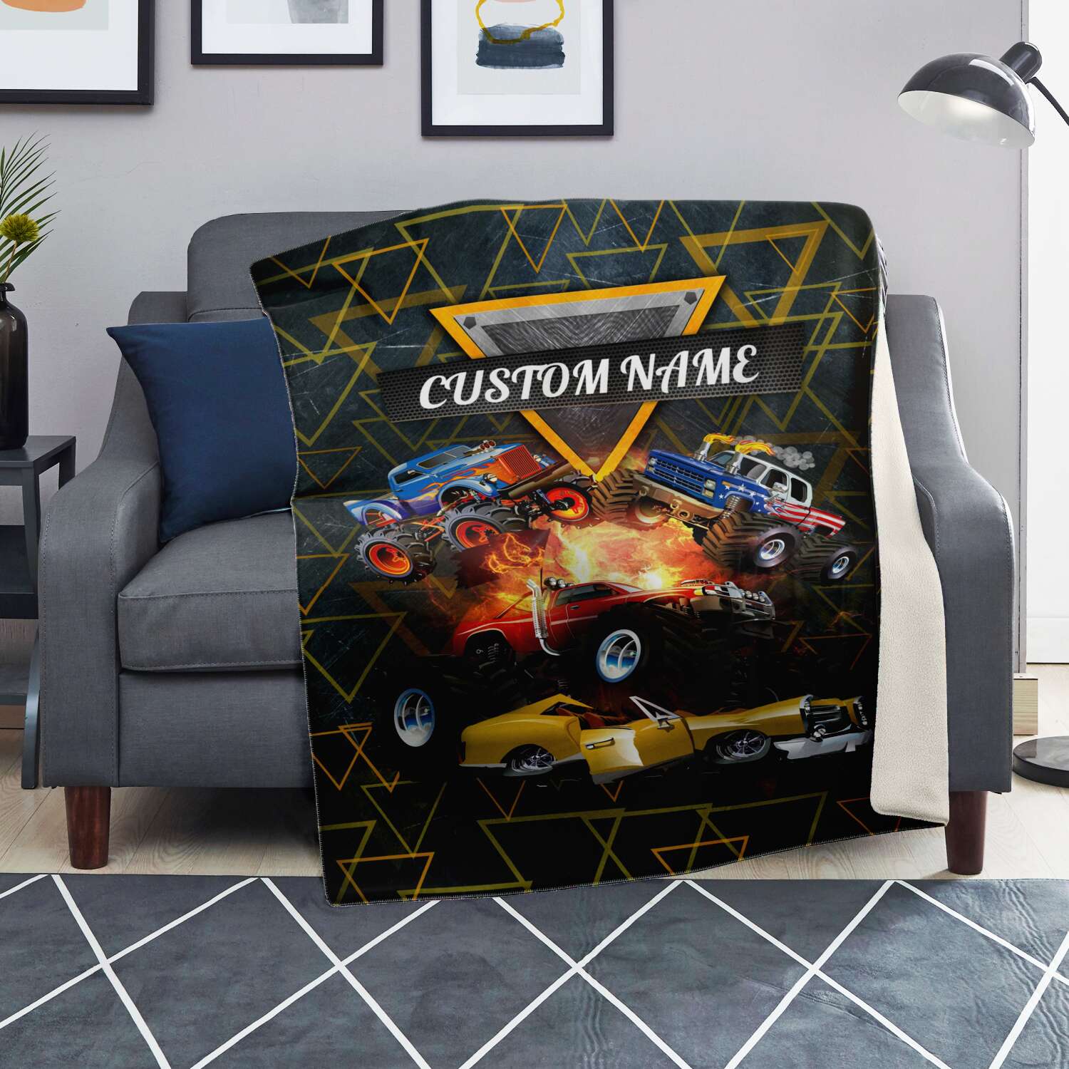 Personalized Name Monster Truck Blanket for Kids, Custom Name Blanket for Boys & Girls