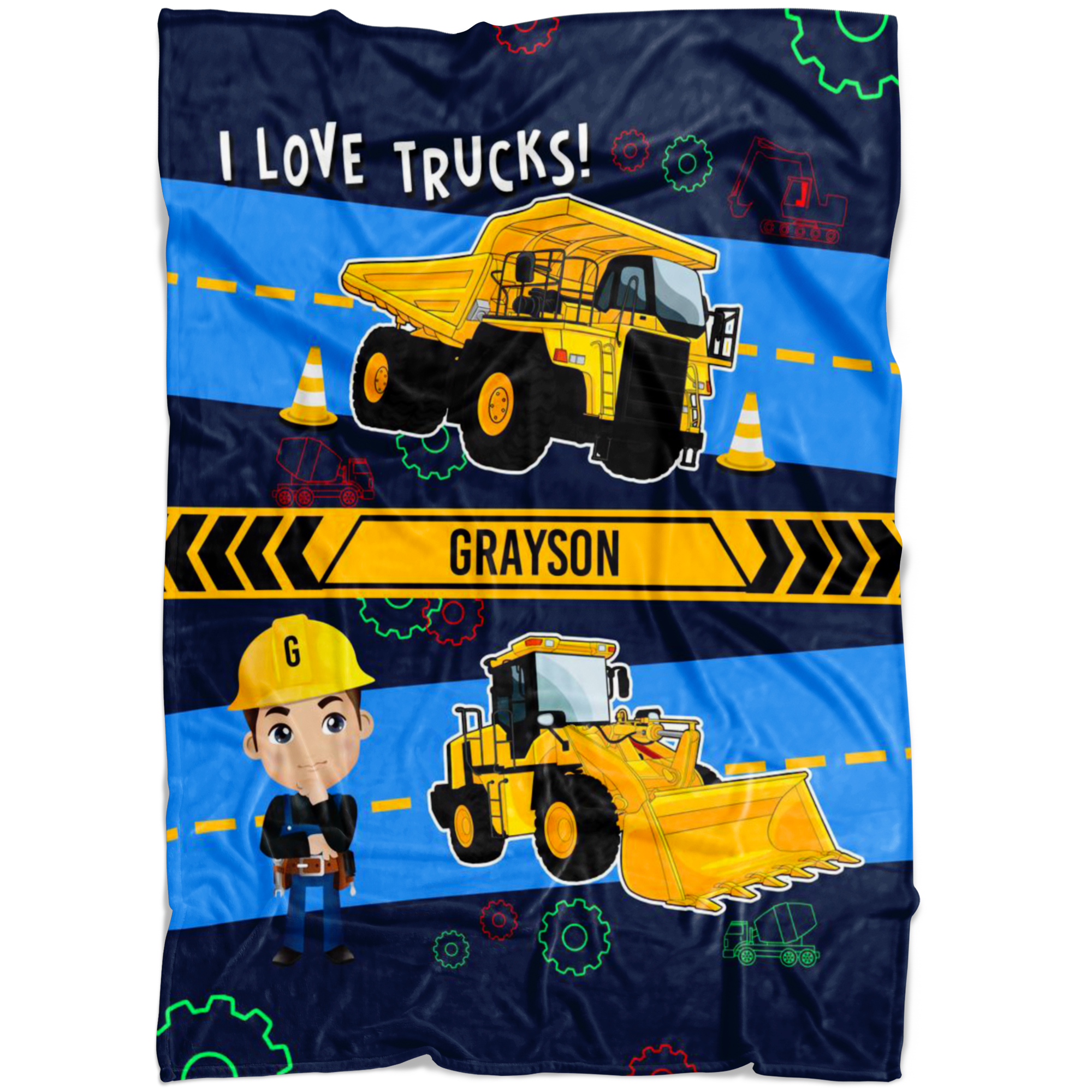 Personalized Name I Love Trucks Blanket for Boys & Girls with Character Personalization - Grayson