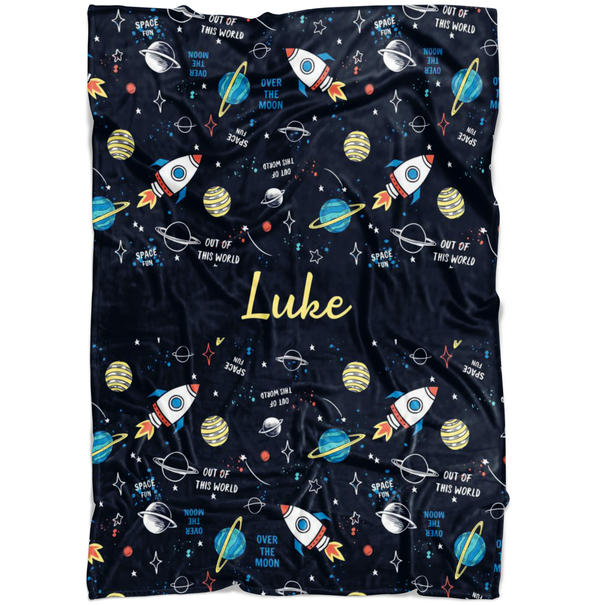 Personalized Name Space Blanket with Rockets & Planets for Boys & Girls - Luke