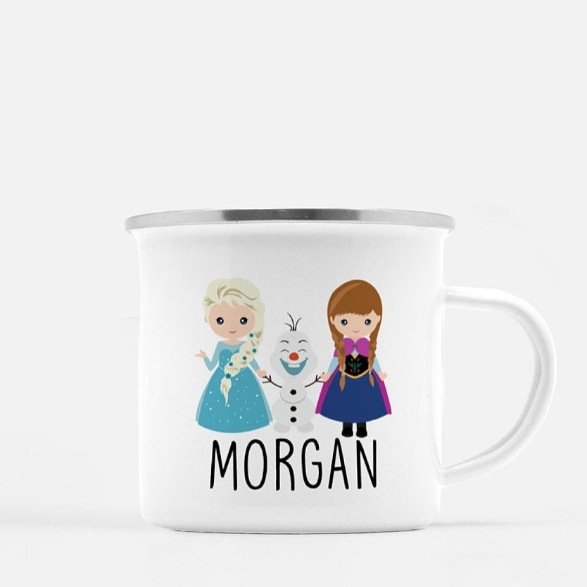 Personalized Kids Cup, Campfire Mug with Princesses and Snowman 10oz