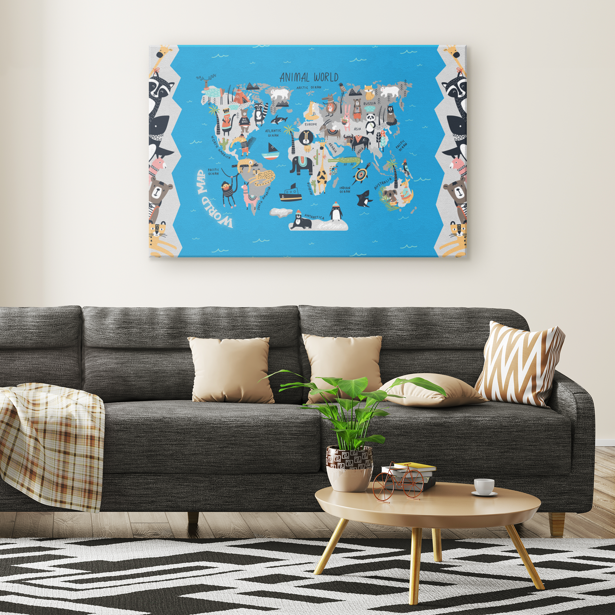 Personalized Map of World for Kids with Peeking Animals, Canvas Wall Art for Children's Room, Learning, Educational Map for Boys & Girls