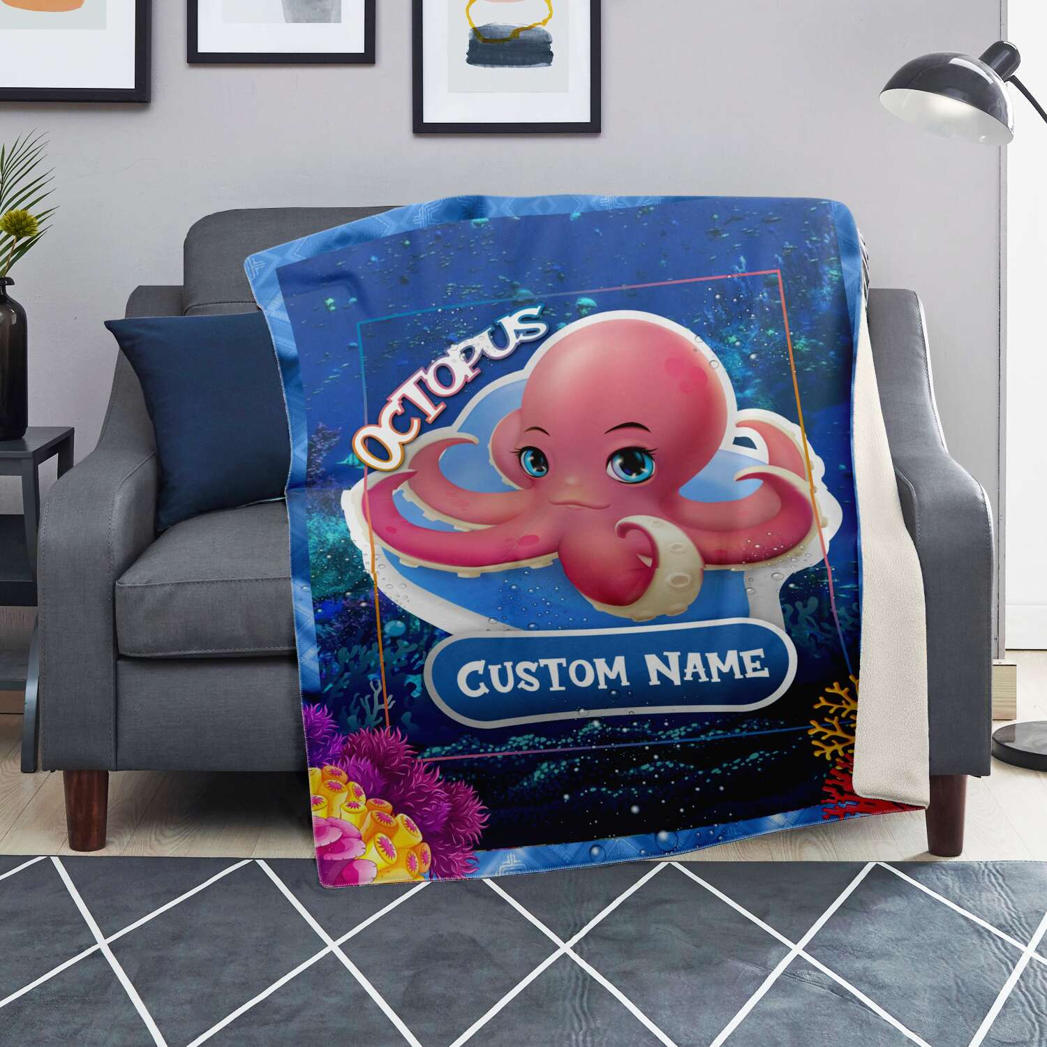 Personalized Name Octopus Blanket, Custom Name Sea Animals Blanket for Boys & Girls