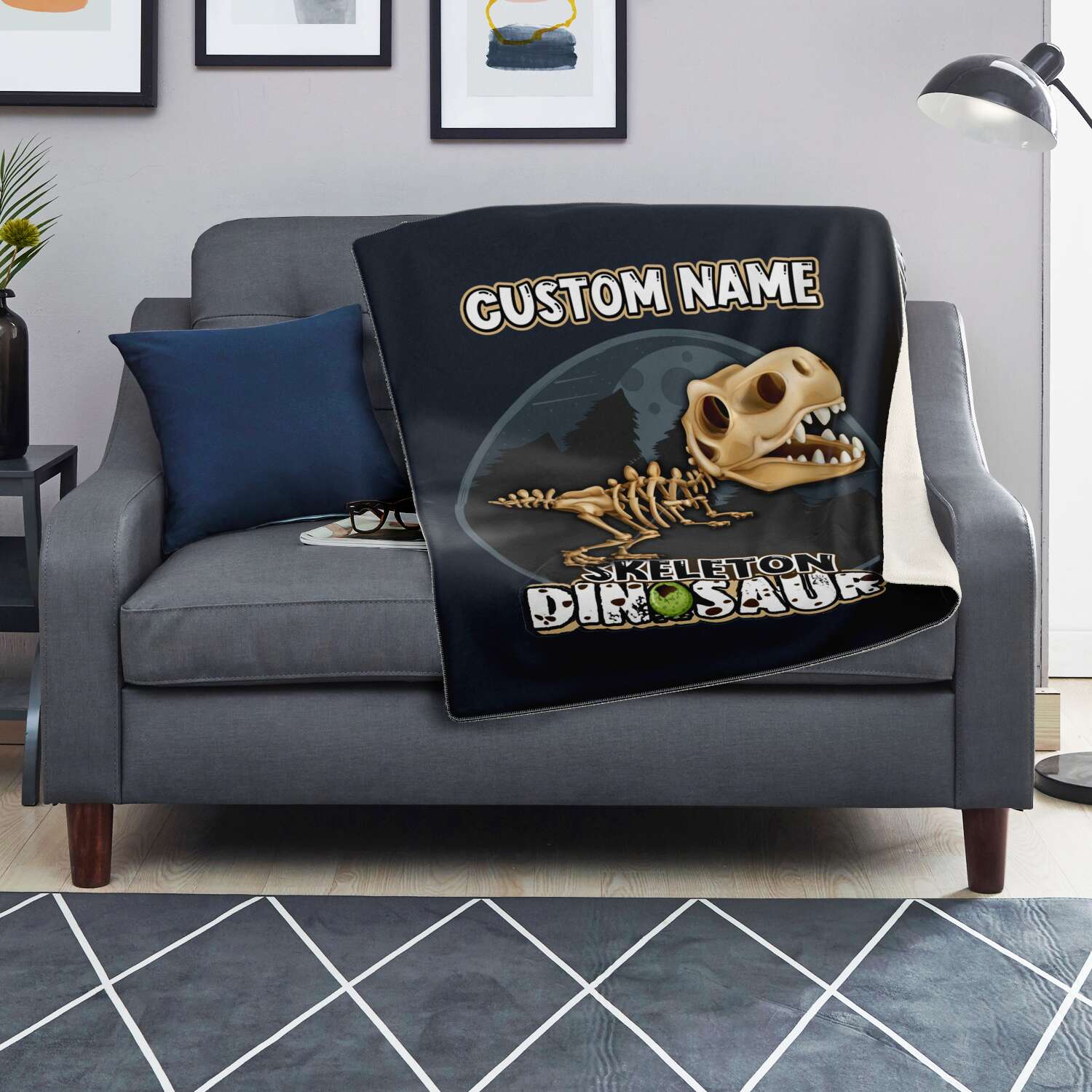 Personalized Name T-Rex Skeleton Dinosaur Blanket for Kids, Custom Name Blanket for Boys & Girls