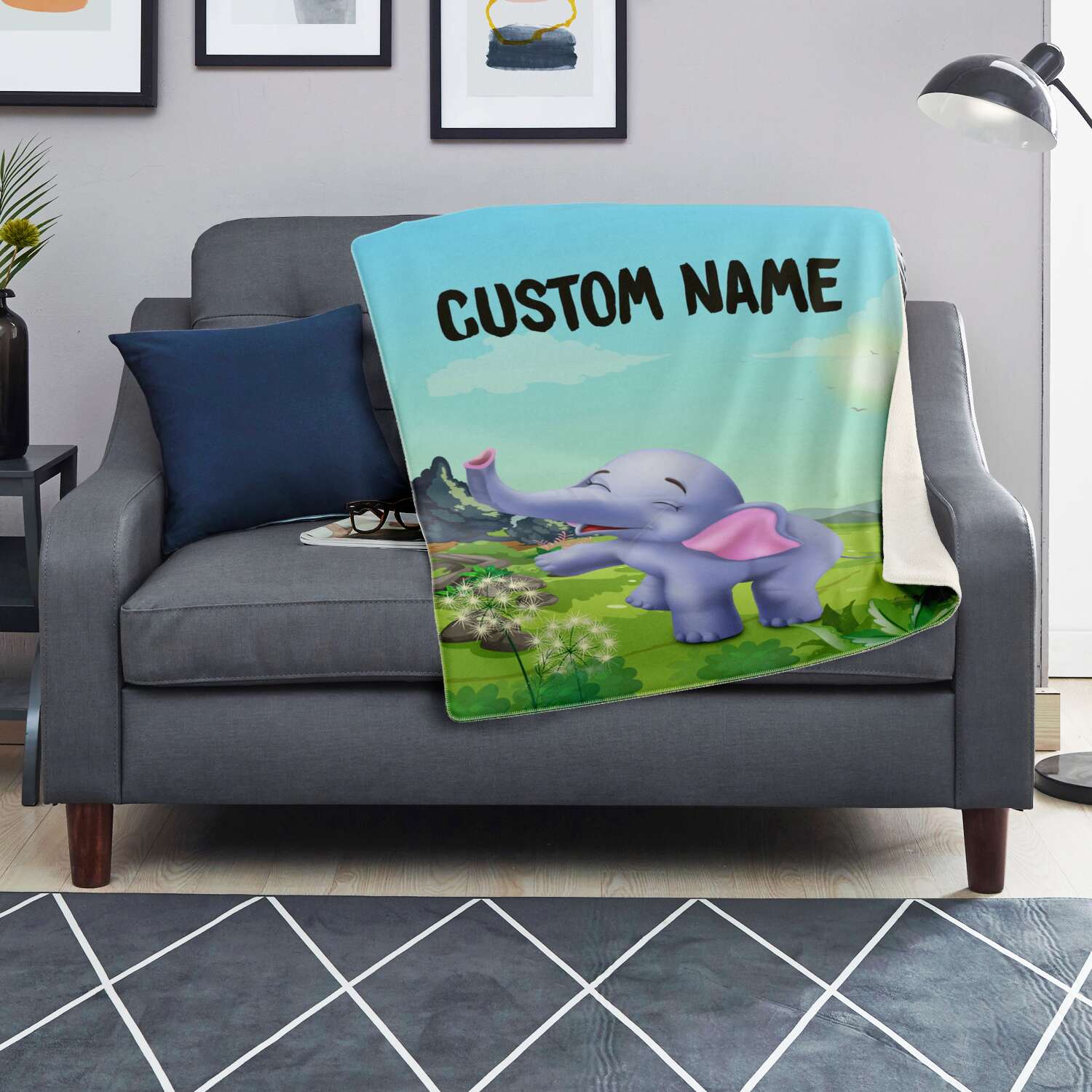 Personalized Name Elephant Blanket, Custom Name Wild Animals Blanket for Boys & Girls