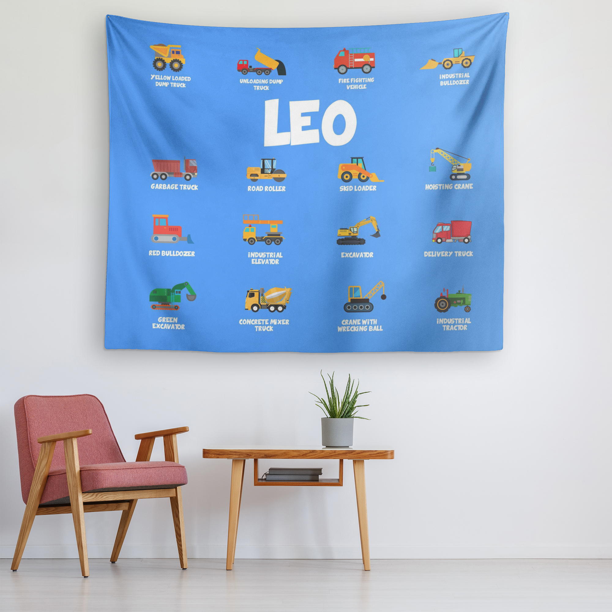 Personalized Name Construction Machines Wall Tapestry for Kids Room - LEO