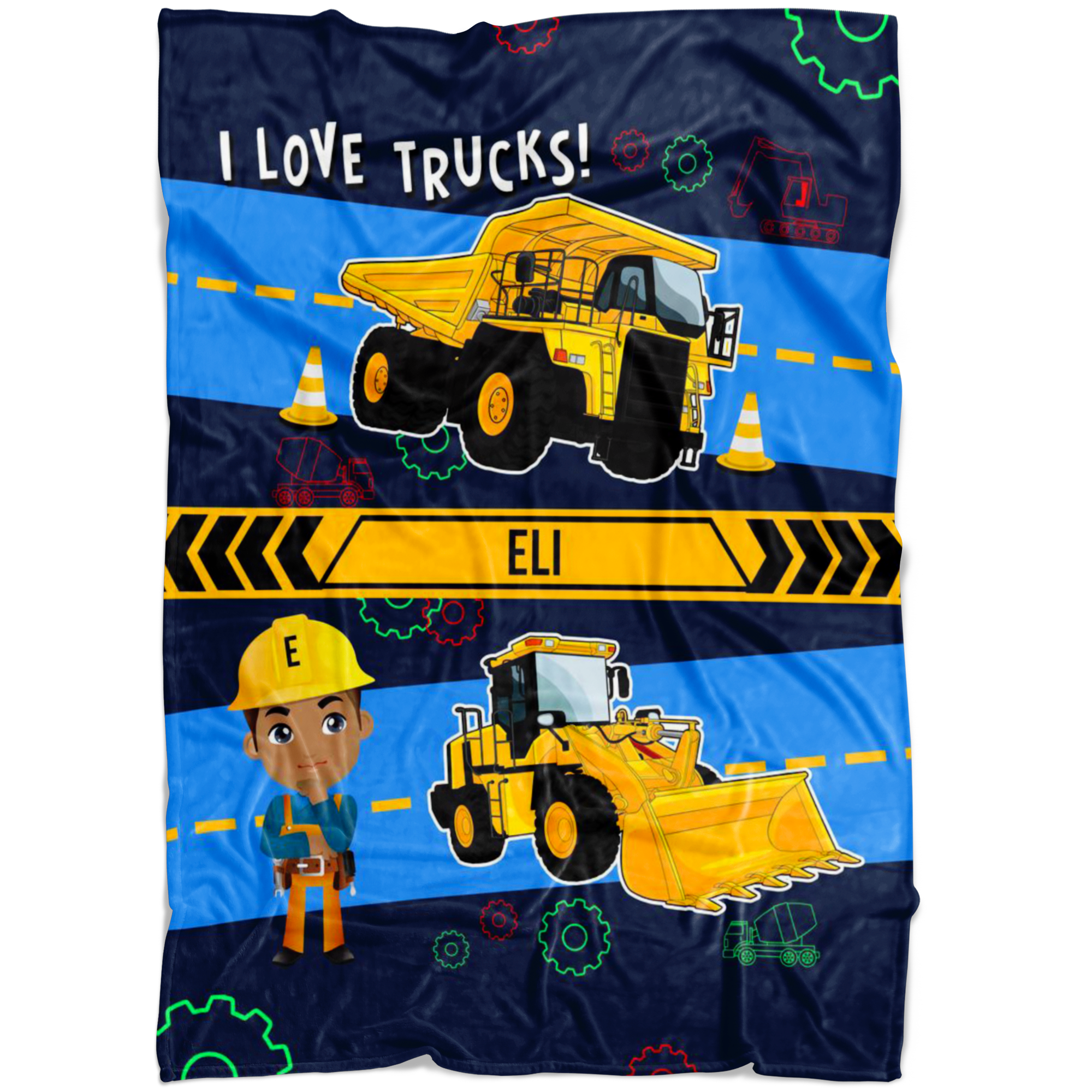 Personalized Name I Love Trucks Blanket for Boys & Girls with Character Personalization - Eli
