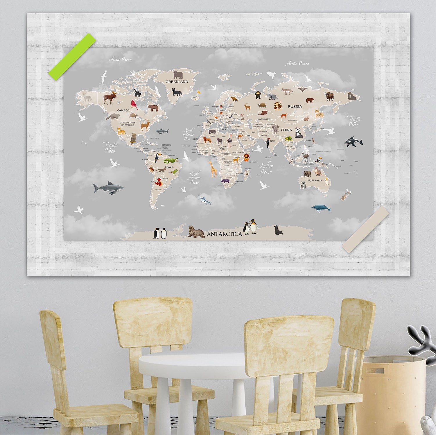 Personalized Map of World for Kids with Animals, Canvas Wall Art for Children's Room, Learning, Educational Map for Boys & Girls