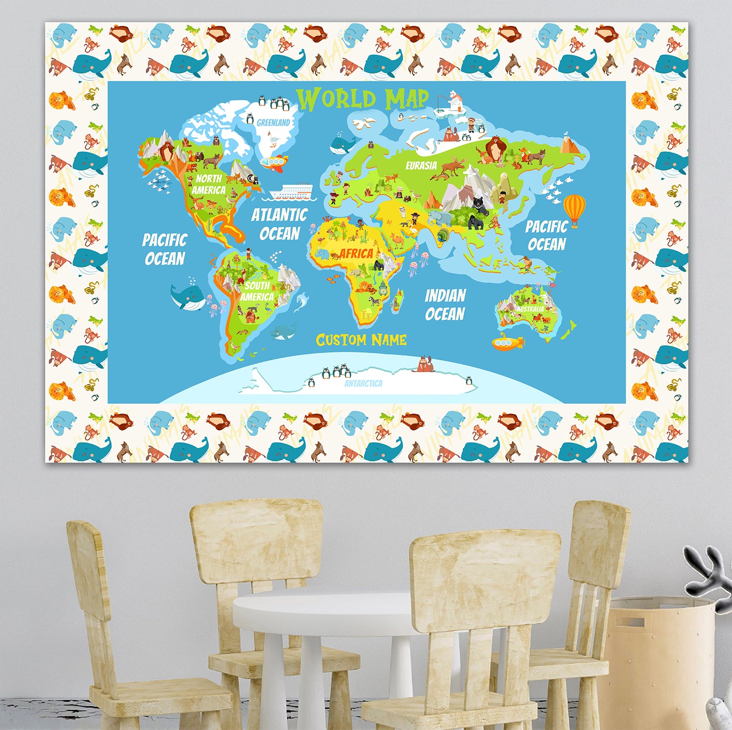 Personalized Colourful Map of World for Kids with Animals, Canvas Wall Art for Children's Room, Learning, Educational Map for Boys & Girls