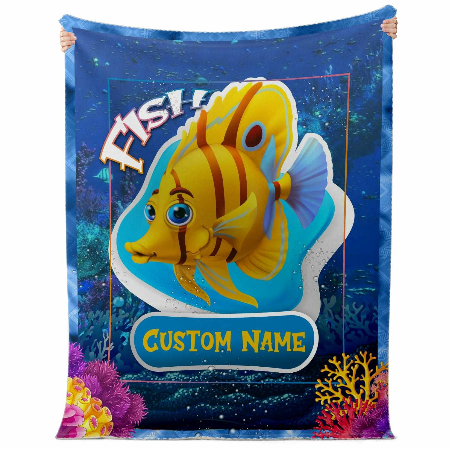 Personalized Name Fish Blanket, Custom Name Sea Animals Blanket for Boys & Girls