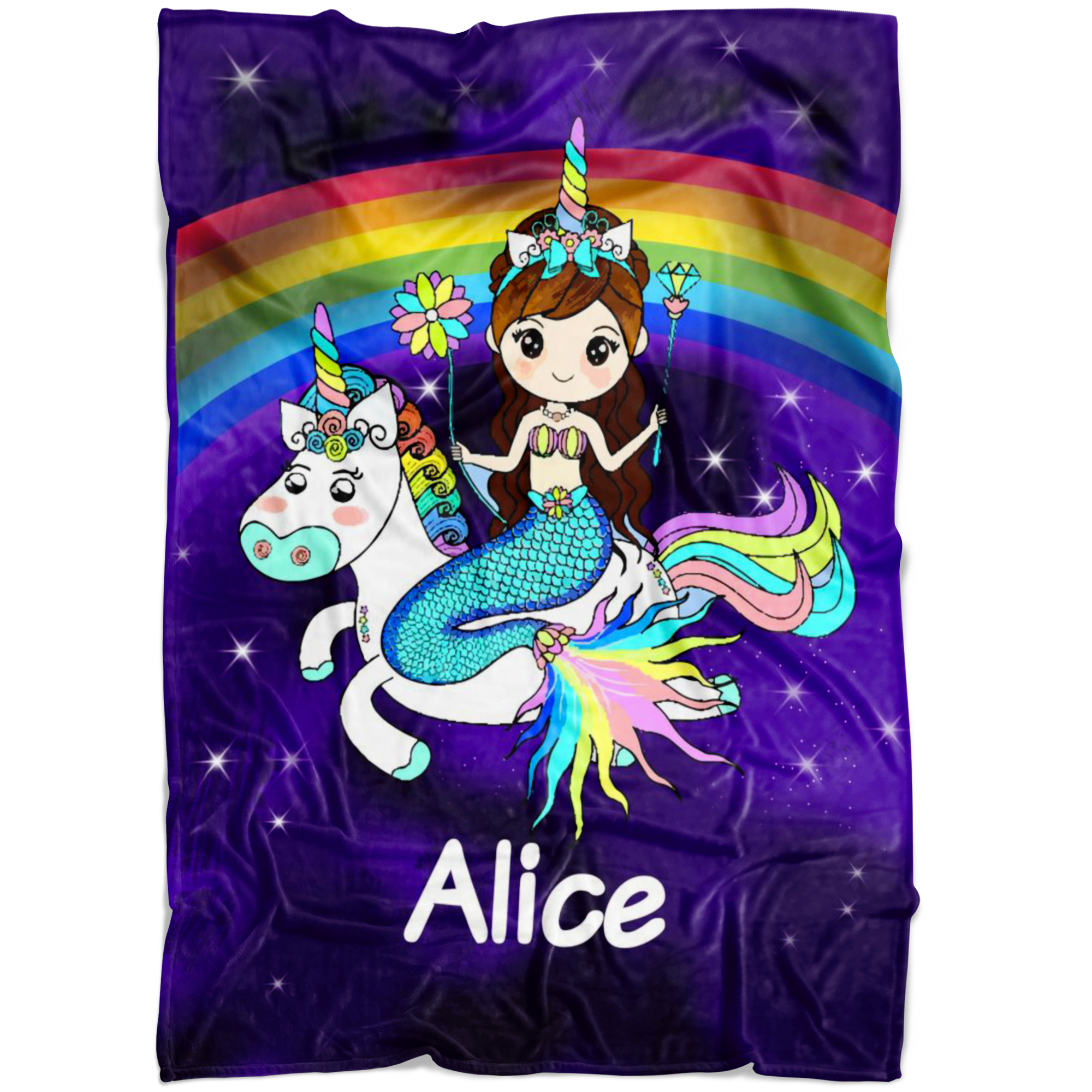Personalized Name Mermaid & Unicorn Rainbow Blanket for Girls & Boys, Custom Name Blanket for Kids - Alice