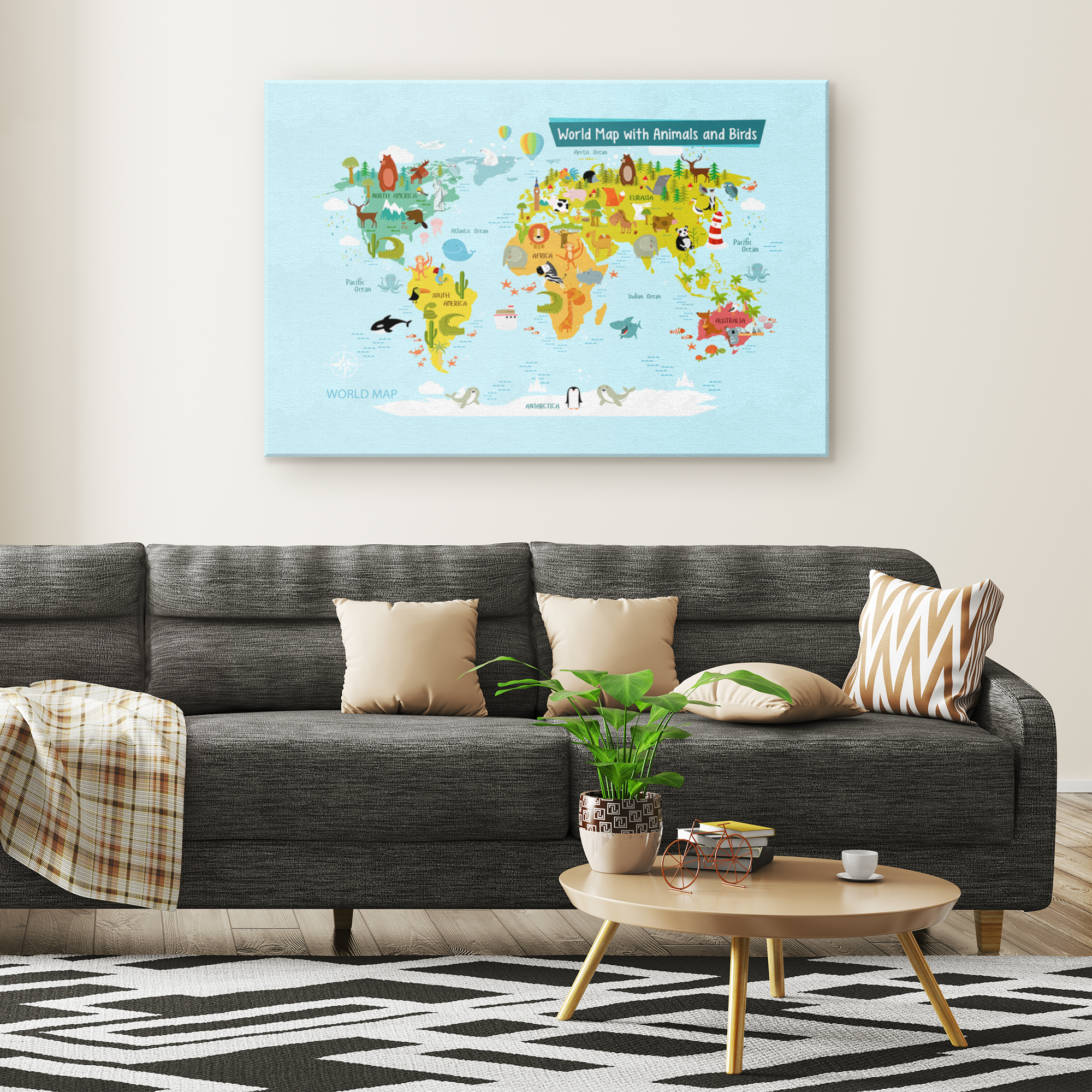 Personalized World Map for Kids, Canvas Wall Art for Children's Room, Learning, Educational Map for Boys & Girls