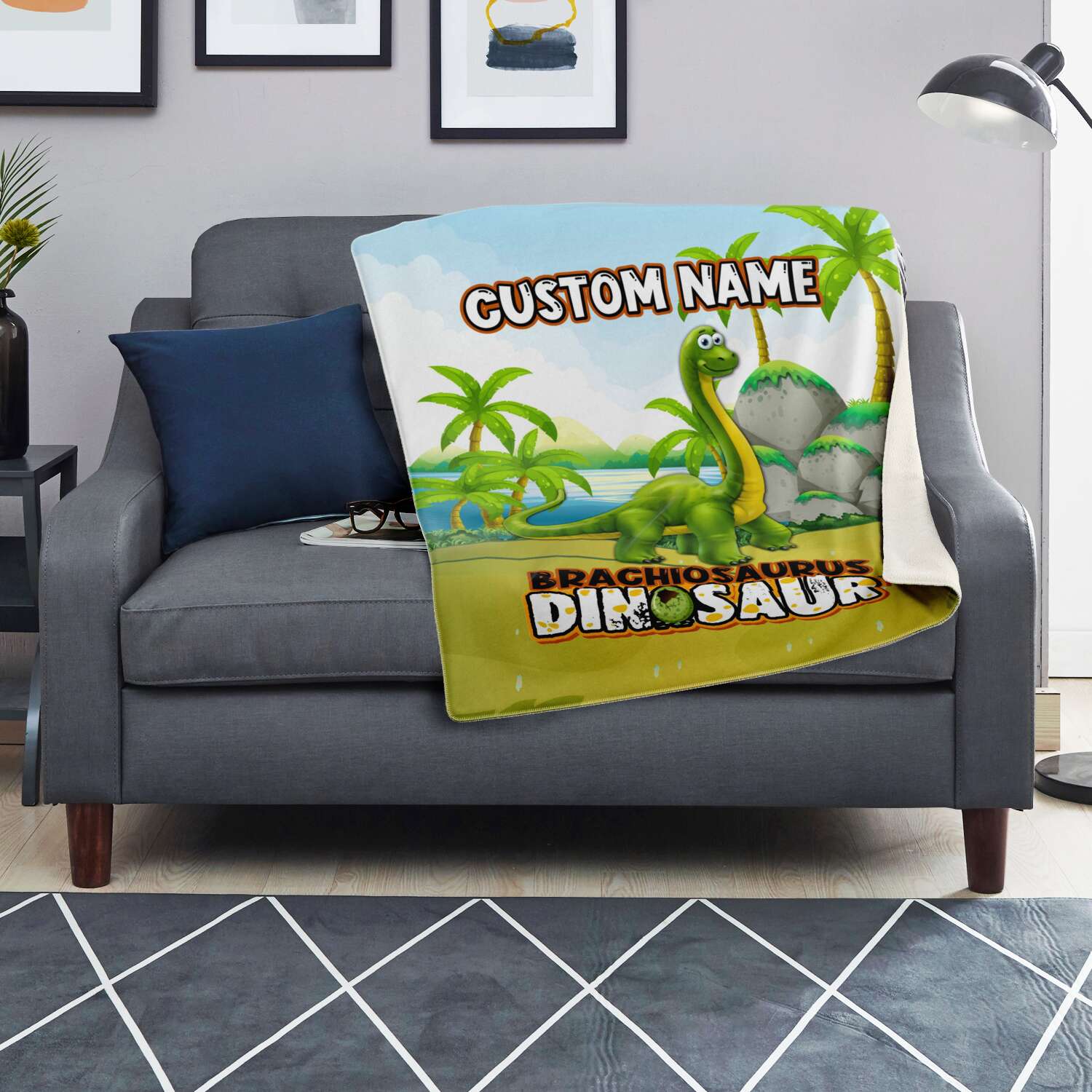 Personalized Name Brachiosaurus Dinosaur Blanket for Kids, Custom Name Blanket for Boys & Girls