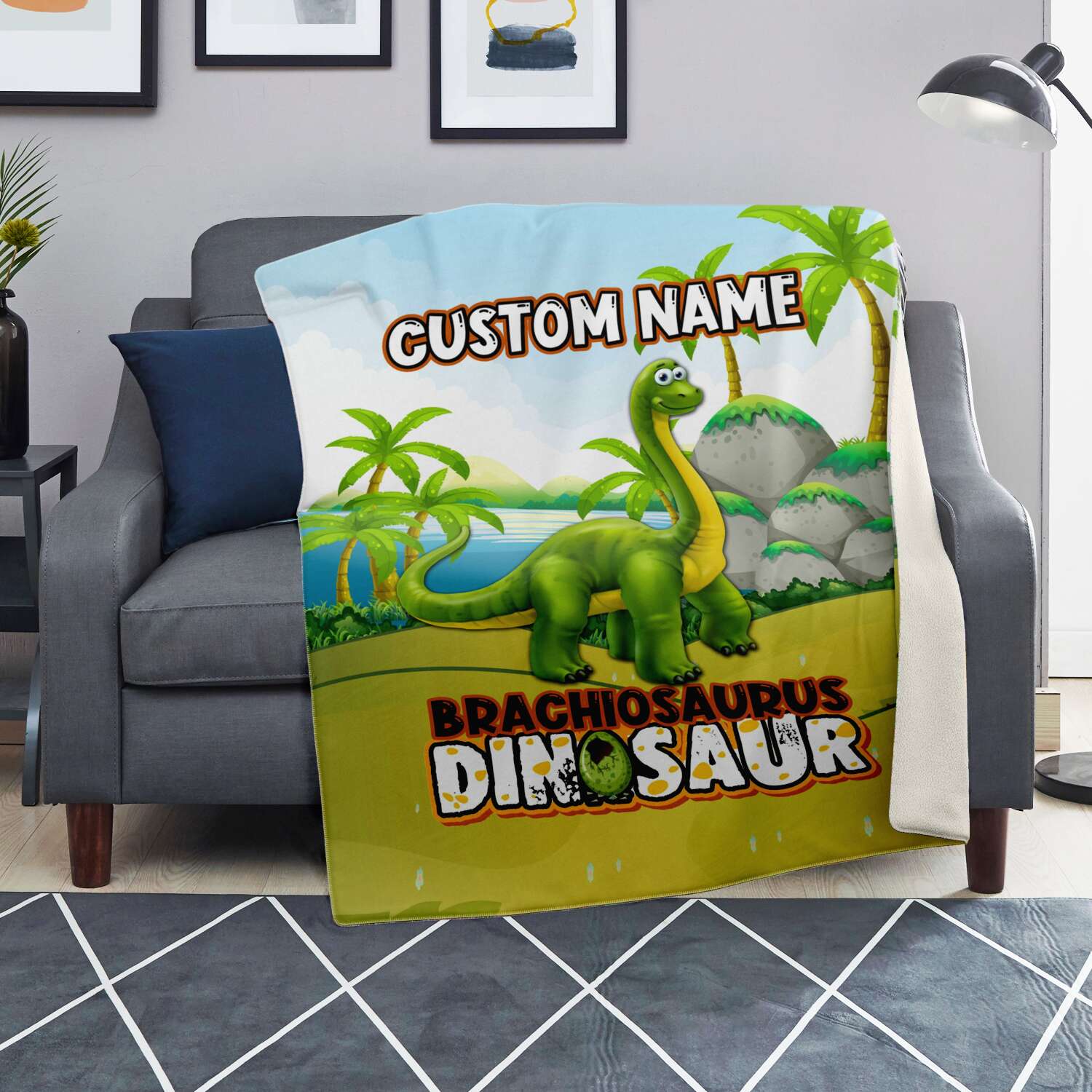 Personalized Name Brachiosaurus Dinosaur Blanket for Kids, Custom Name Blanket for Boys & Girls