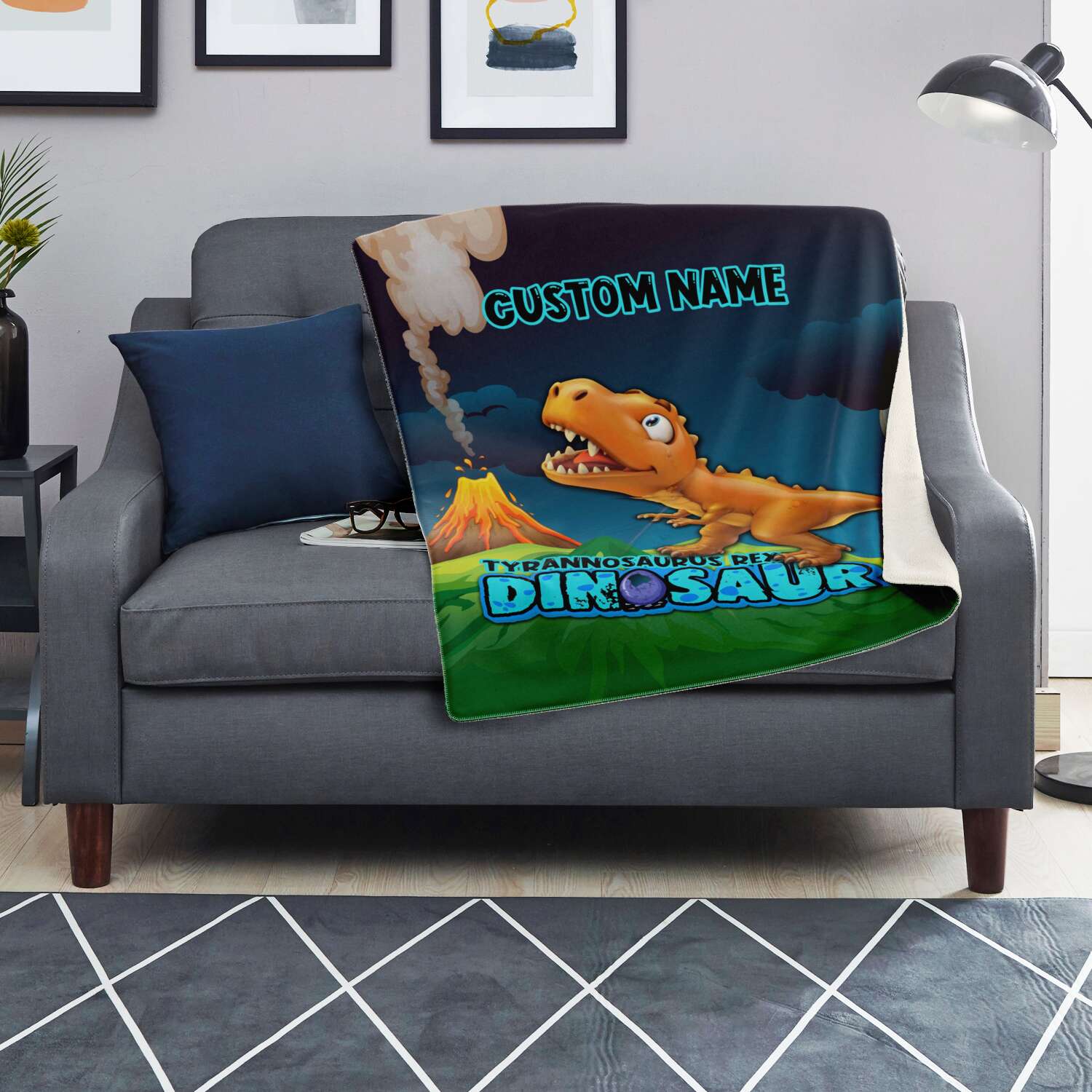 Personalized Name Tyrannosaurus Rex Dinosaur Blanket for Kids, Custom Name Blanket for Boys & Girls