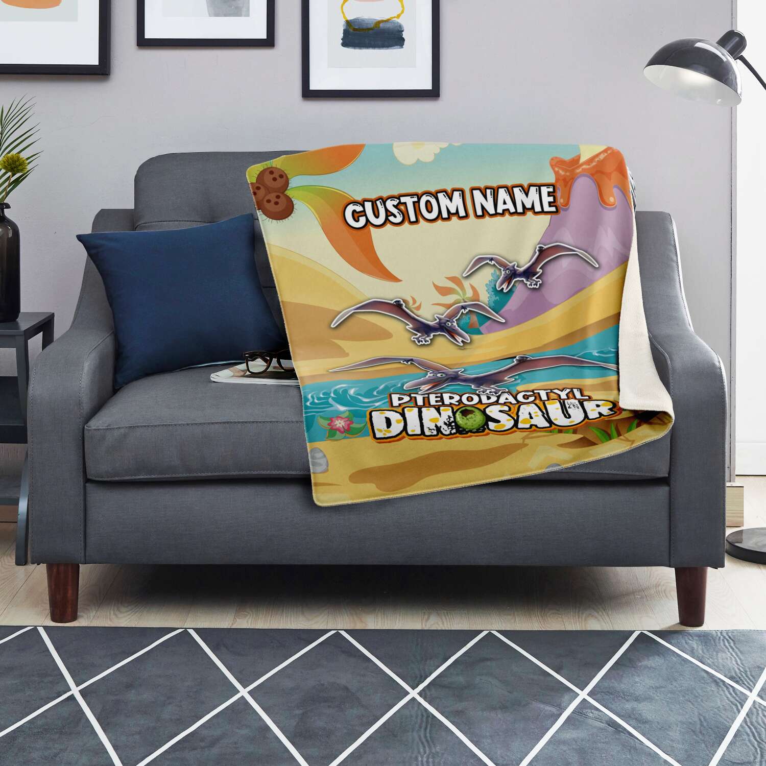 Personalized Name Pterodactyl Dinosaur Blanket for Kids, Custom Name Blanket for Boys & Girls