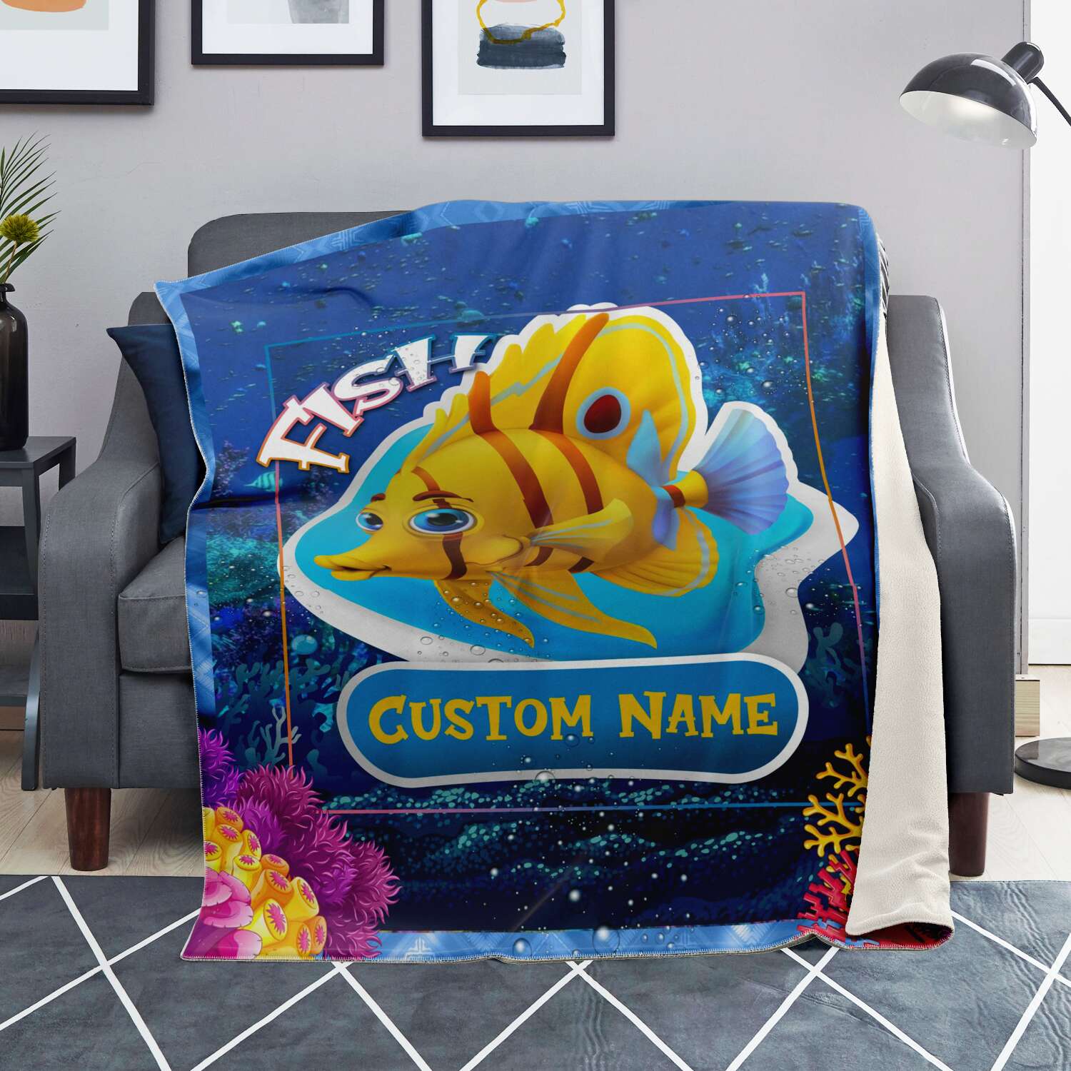 Personalized Name Fish Blanket, Custom Name Sea Animals Blanket for Boys & Girls
