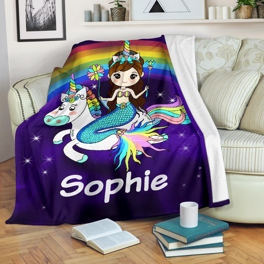 Personalized Name Mermaid & Unicorn Rainbow Blanket for Girls & Boys, Custom Name Blanket for Kids