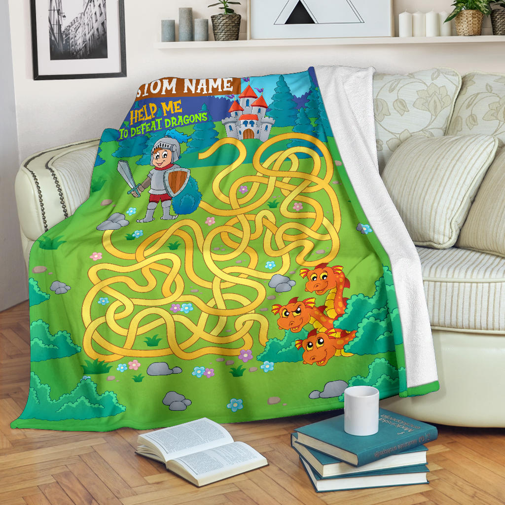 Personalized Name, Educational, Learning Help a Knight To Defeat Dragons Blanket for Kids, Maze Blanket for Boys & Girls