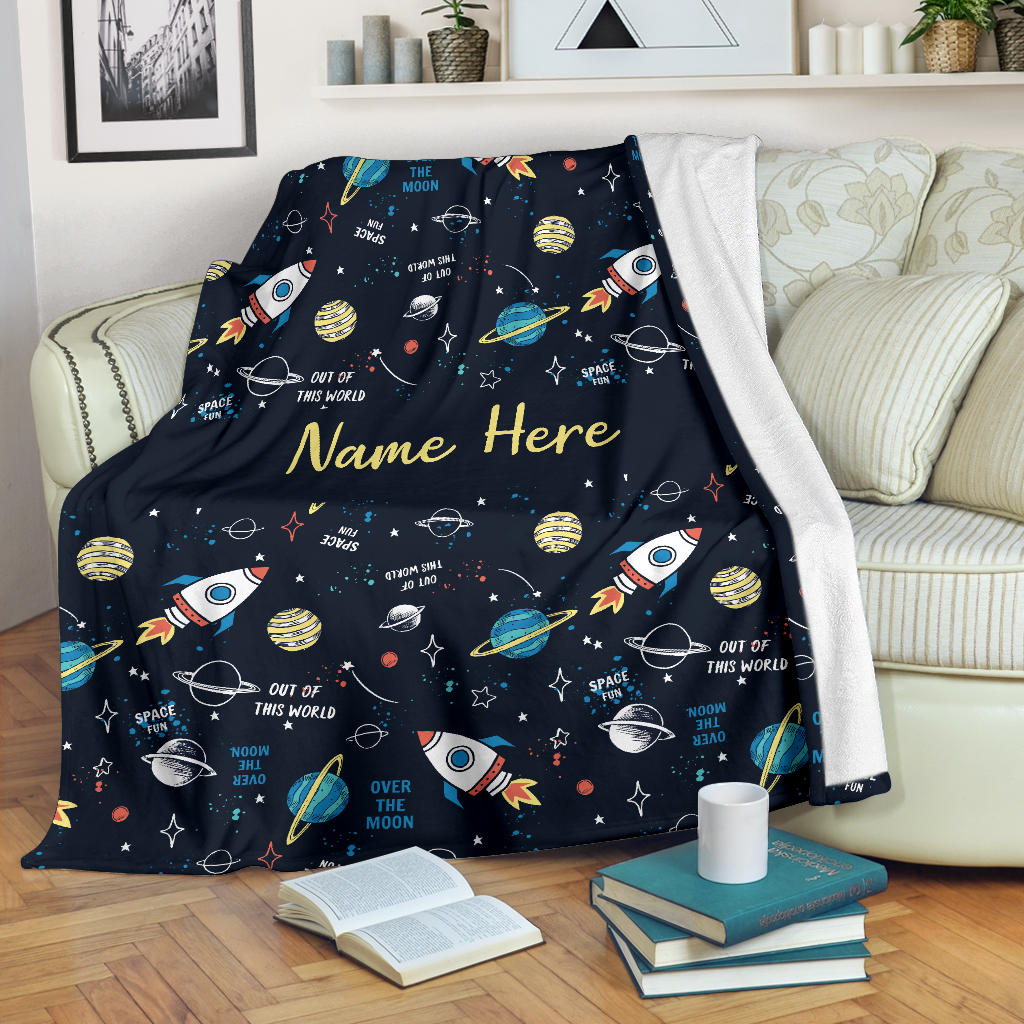Personalized Name Space Blanket with Rockets & Planets for Boys & Girls