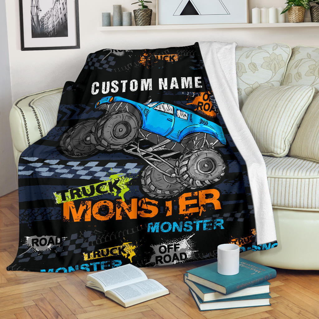 Personalized Name Blue Monster Truck Blanket for Boys & Girls
