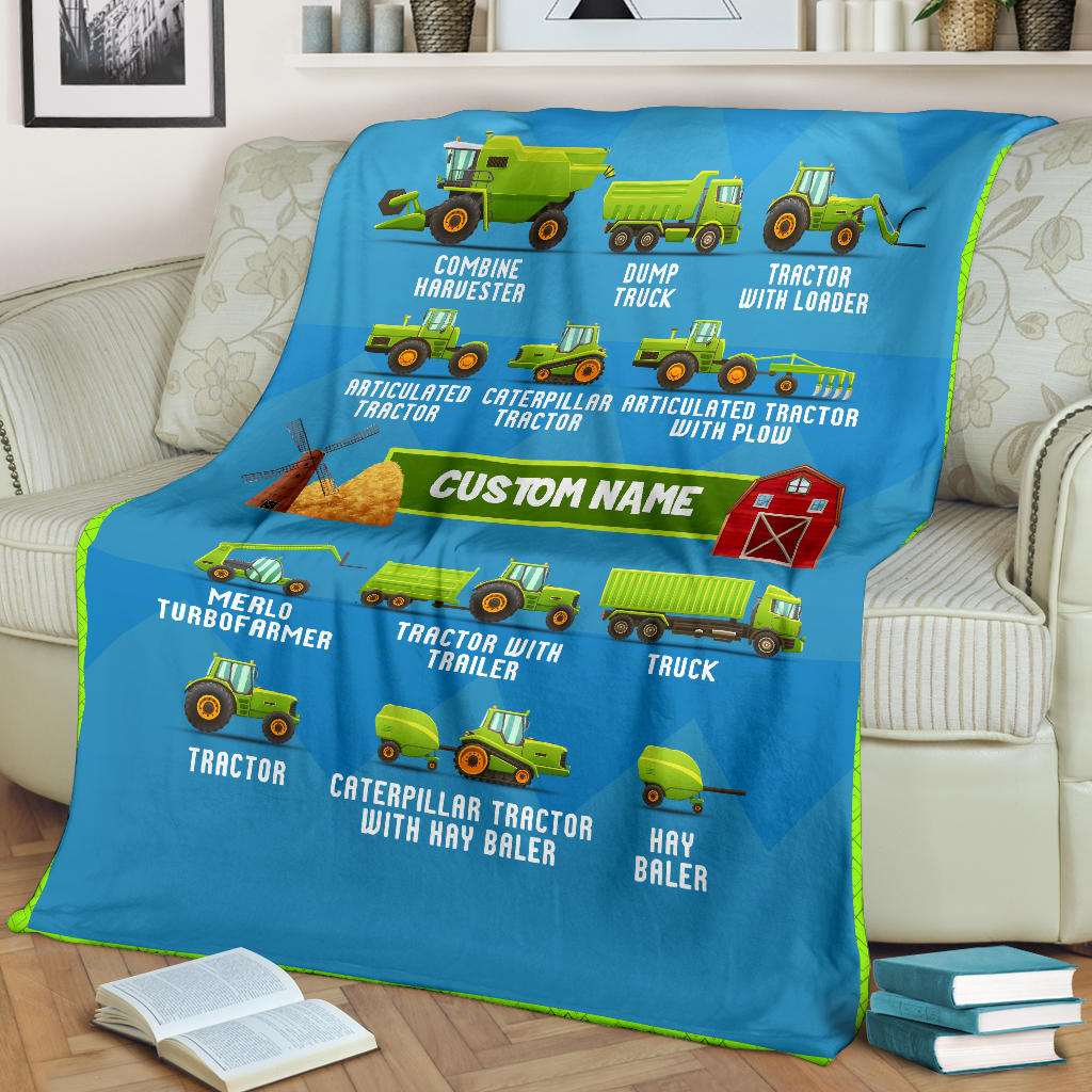Personalized Name, Farm, Agricultural Machinery, Tractor Blanket for Kids, Boys & Girls Custom Name Blanket