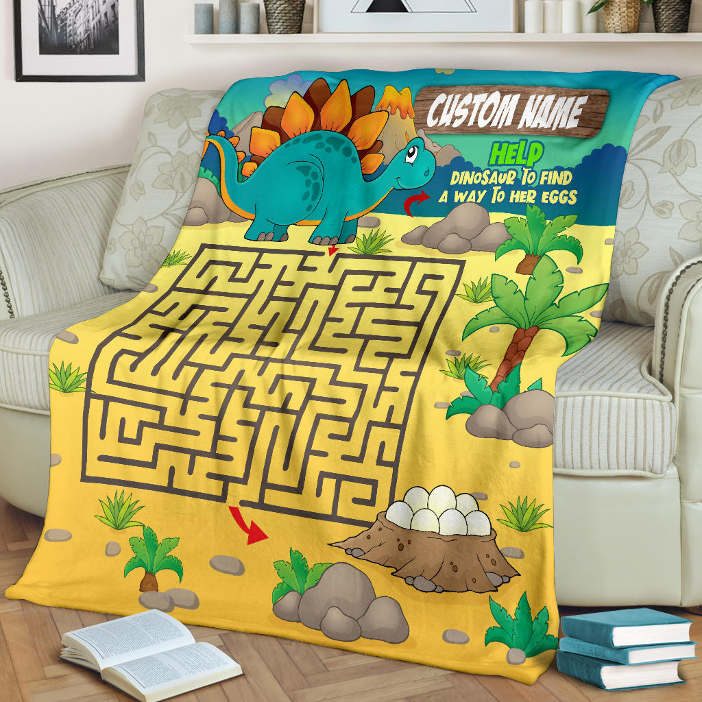 Personalized Name, Educational, Learning Help Dinosaur to Find a Way to Her Eggs Blanket for Kids, Boys & Girls Maze Blanket