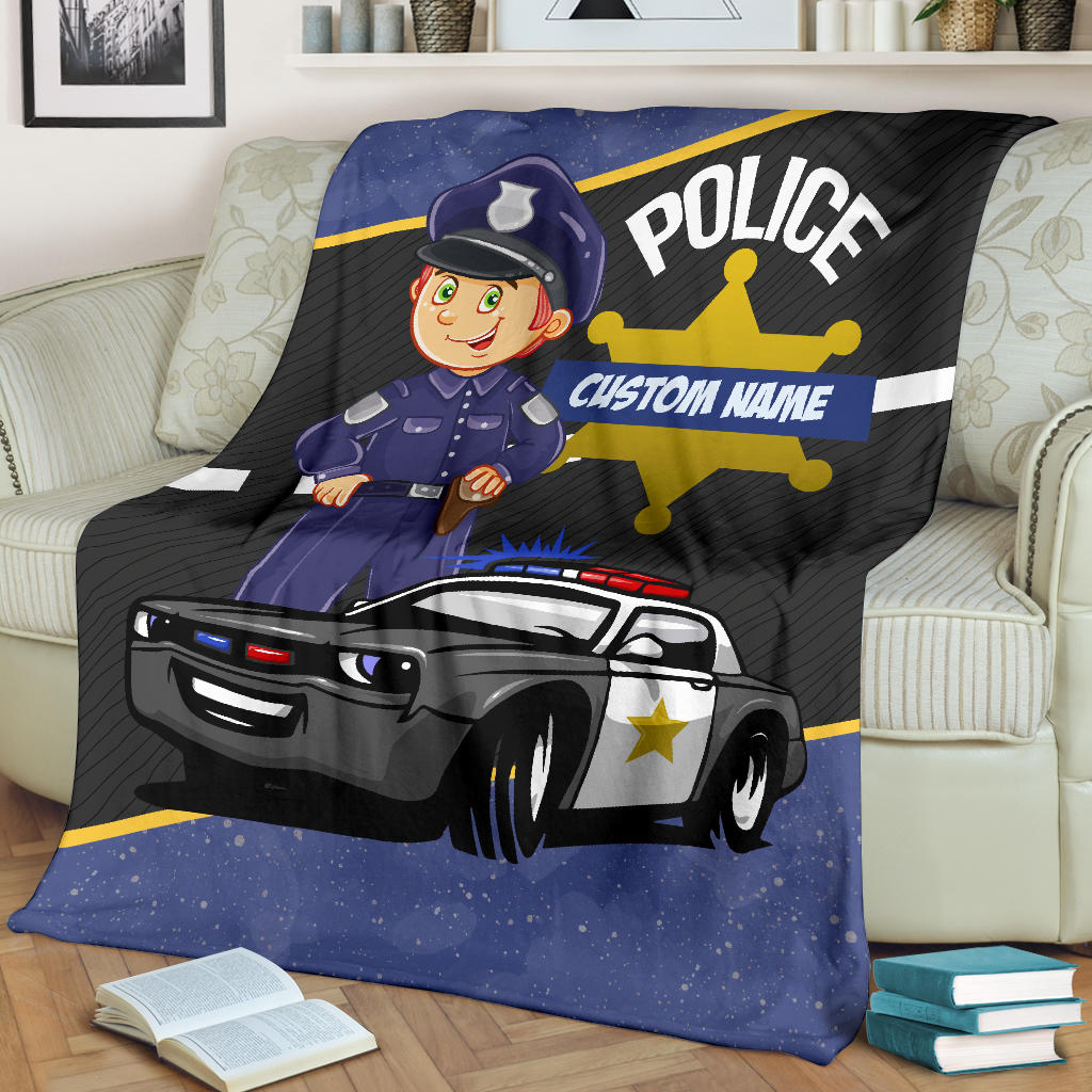 Personalized Name Police Officer & Car Blanket for Kids, Name Blanket for Boys & Girls