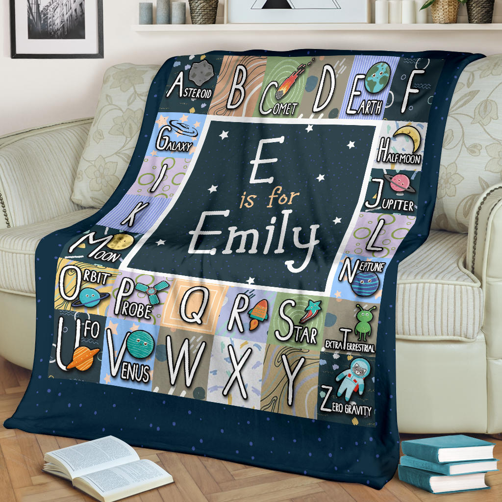 Personalized Name ABC Alphabet Space, Solar System Blanket for Kids