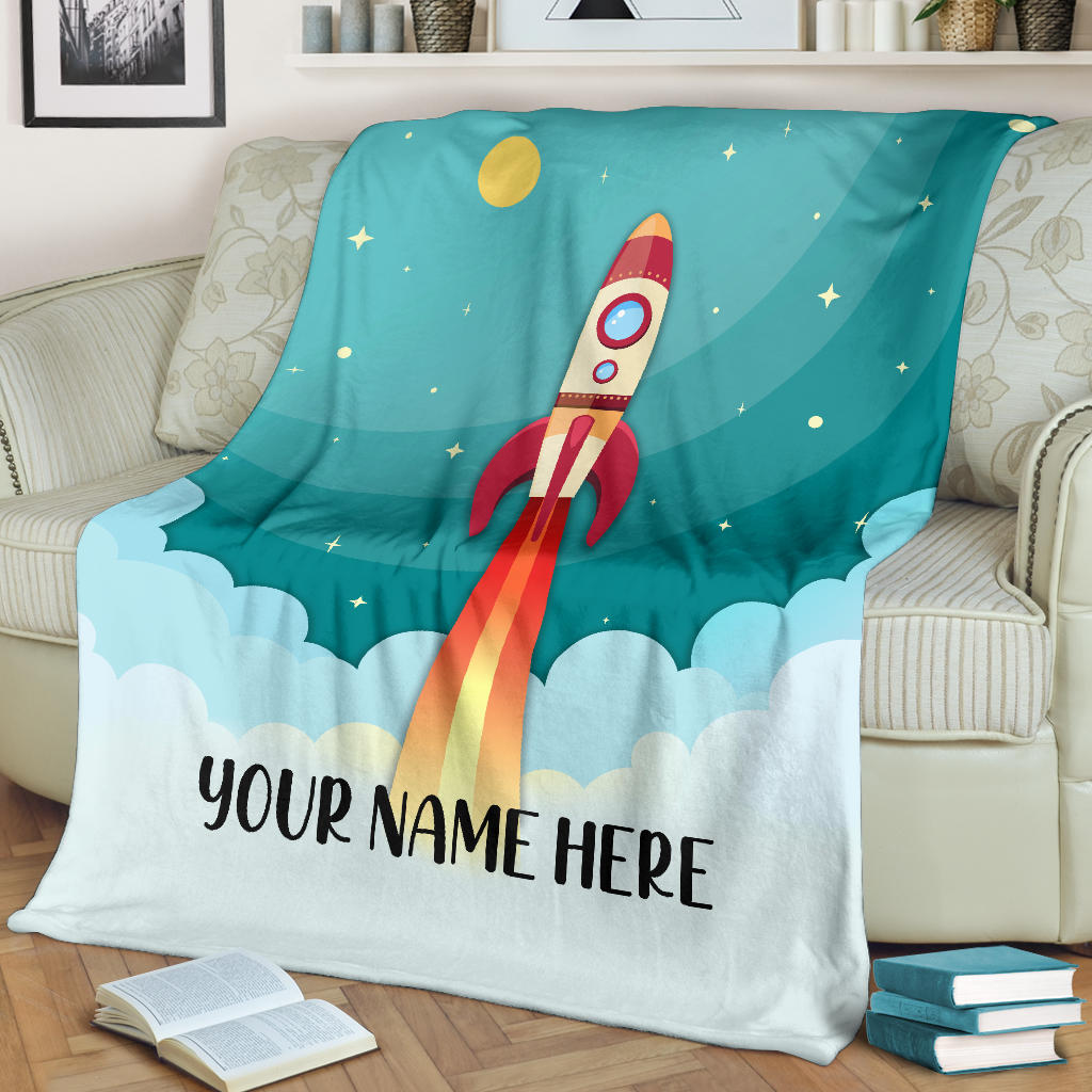 Personalized Name Kids Rocket Launch Space Theme Blanket for Boys and Girls