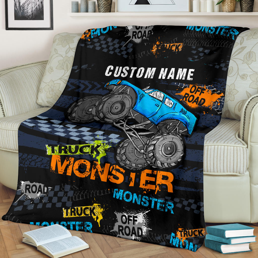 Personalized Name Blue Monster Truck Blanket for Boys & Girls