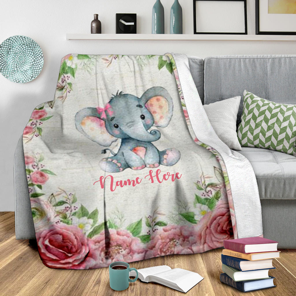 Personalized Name Cute Elephant Blanket for Girls & Babies