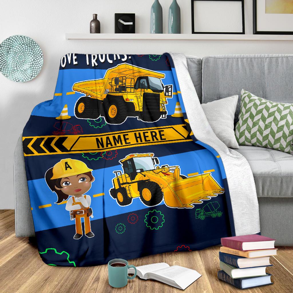 Personalized Name I Love Trucks Blanket for Boys & Girls with Character Personalization
