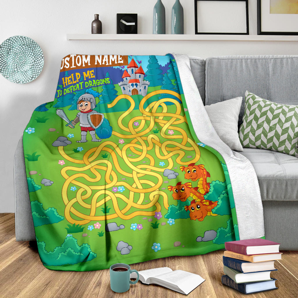 Personalized Name, Educational, Learning Help a Knight To Defeat Dragons Blanket for Kids, Maze Blanket for Boys & Girls