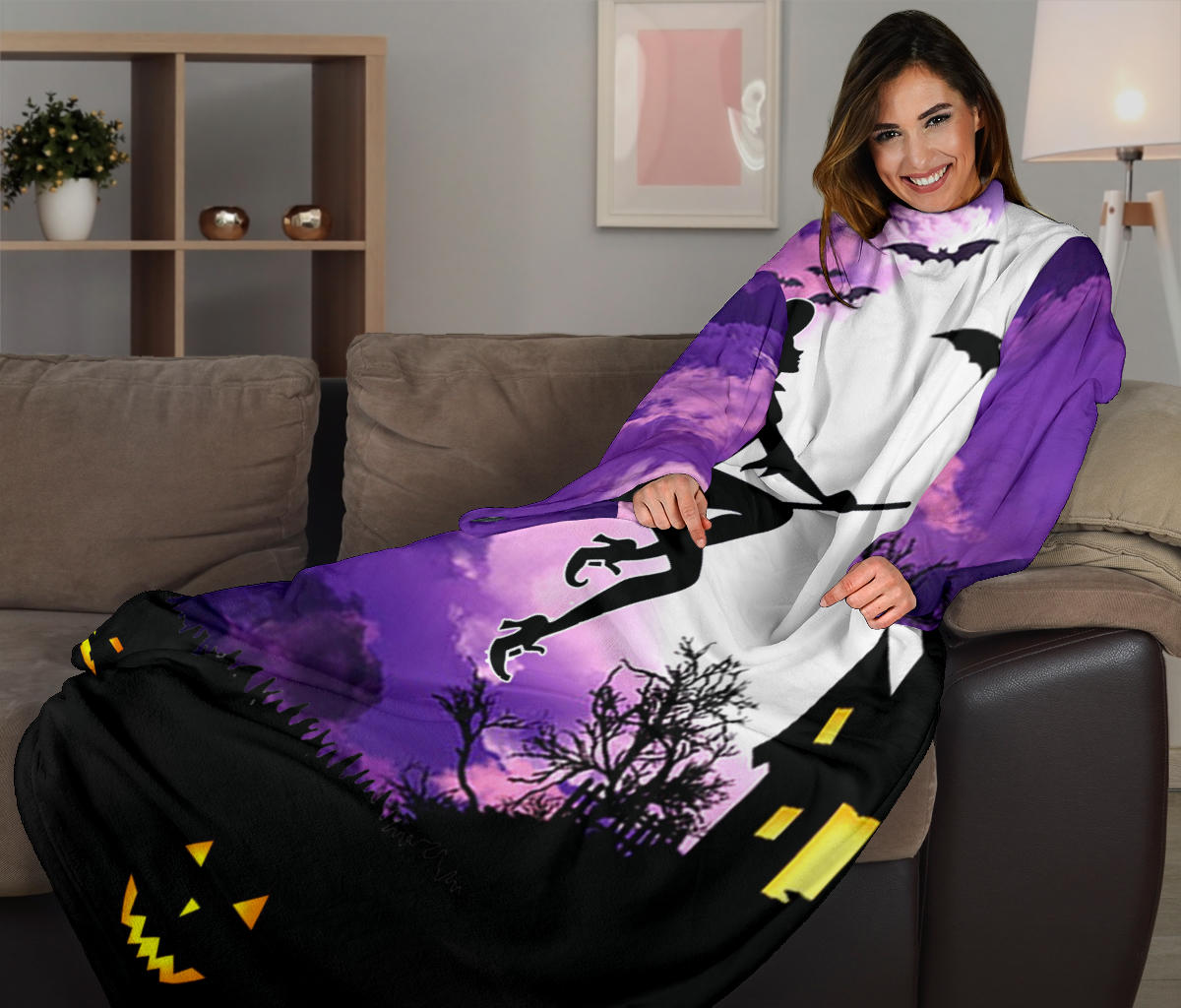 Witch on a Broom Halloween Sleeve Blanket