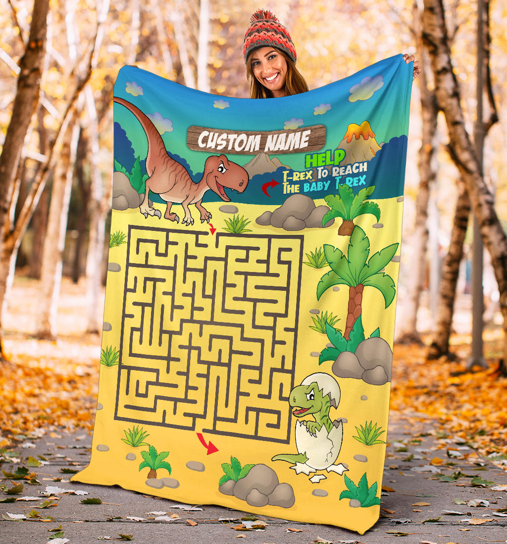 Personalized Name Educational Help T-Rex Maze Blanket for Boys & Girls, Custom Name Dinosaur Blanket for Kids