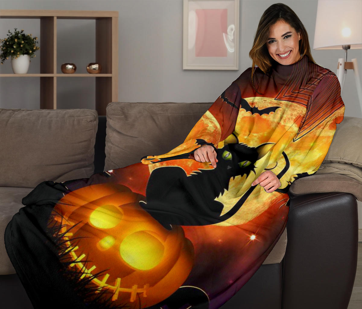 Black Cat & Pumpkin Halloween Sleeve Blanket