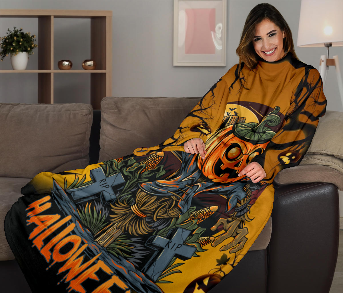 Scary Pumpkin Halloween Sleeve Blanket