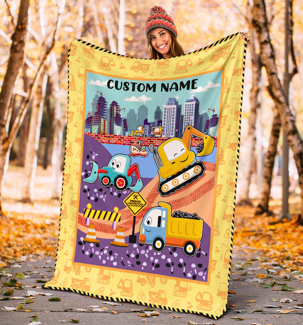 Personalized Name Under Construction Site Blanket for Kids, Custom Name Blanket for Boy & Girls