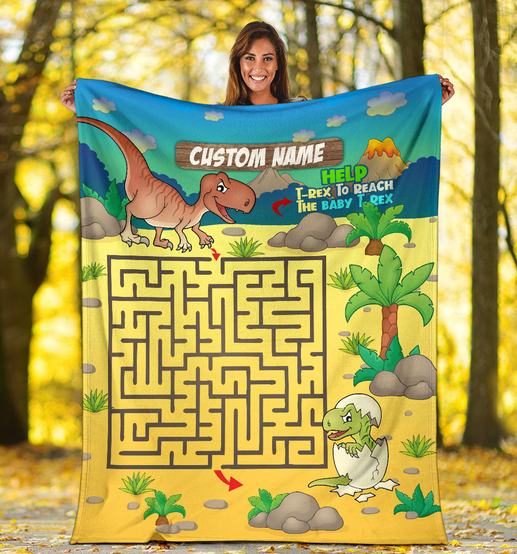 Personalized Name Educational Help T-Rex Maze Blanket for Boys & Girls, Custom Name Dinosaur Blanket for Kids