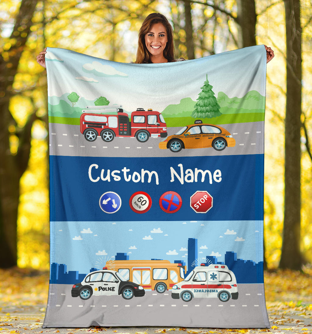 Personalized Name Police, Ambulance, Firefighter, Taxi, Bus Blanket for Kids, Custom Blanket for Boys & Girls