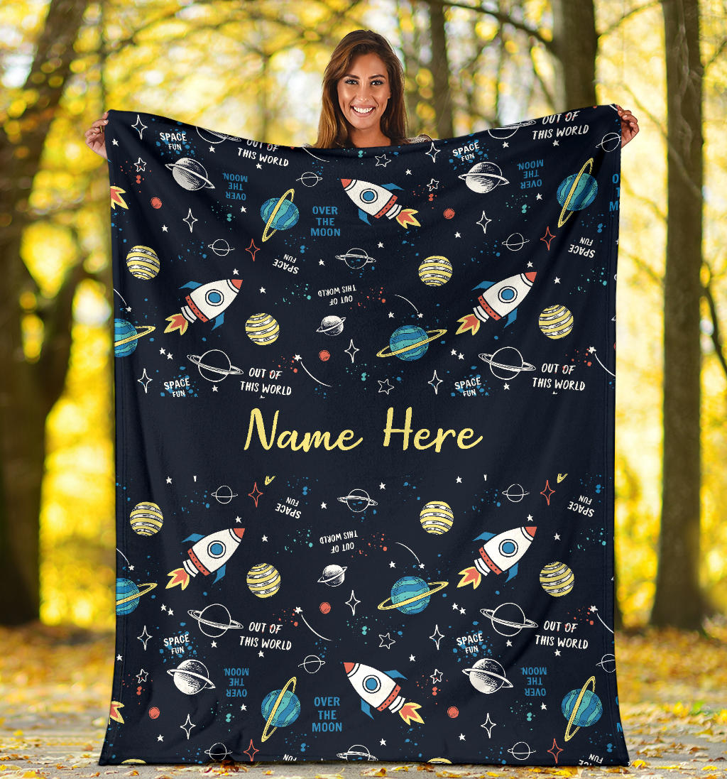 Personalized Name Space Blanket with Rockets & Planets for Boys & Girls