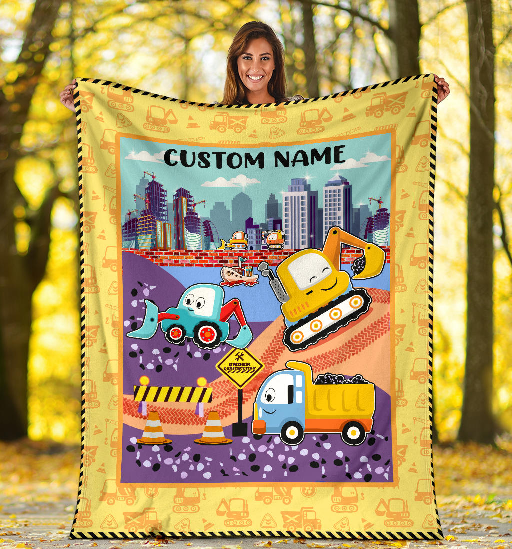 Personalized Name Under Construction Site Blanket for Kids, Custom Name Blanket for Boy & Girls