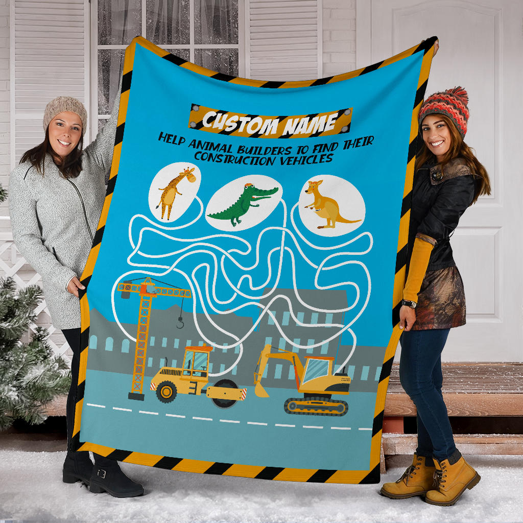Personalized Name, Educational, Learning Help Animal Builders to Find Their Construction Vehicles Blanket for Kids, Maze Blanket for Boys & Girls