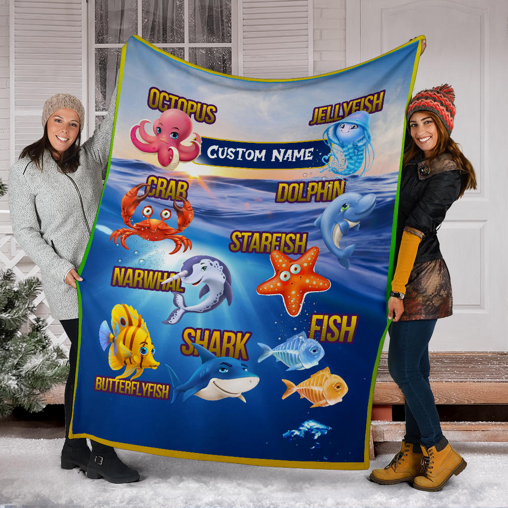 Personalized Name Sea Animals Blanket for Kids, Educational, Learning Custom Name Blanket for Boys & Girls