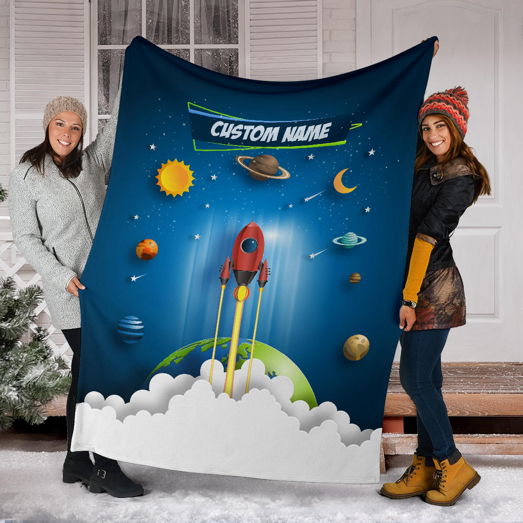 Personalized Name Space Rocket Launch Blanket for Kids, Space Blanket for Boys and Girls