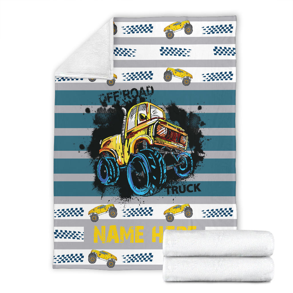 Personalized Name Monster Truck Blanket with Blue Stripes for Boys, Girls & Adults