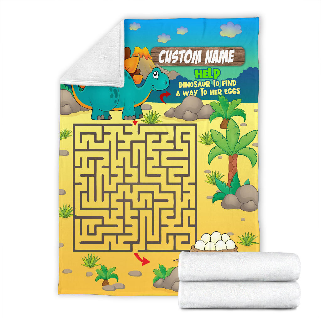 Personalized Name, Educational, Learning Help Dinosaur to Find a Way to Her Eggs Blanket for Kids, Boys & Girls Maze Blanket