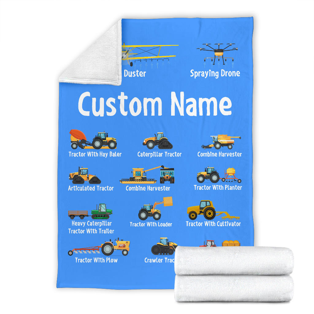 Personalized Name Tractor Blanket for Kids, Custom Name Farming Machinery Blanket for Boys & Girls