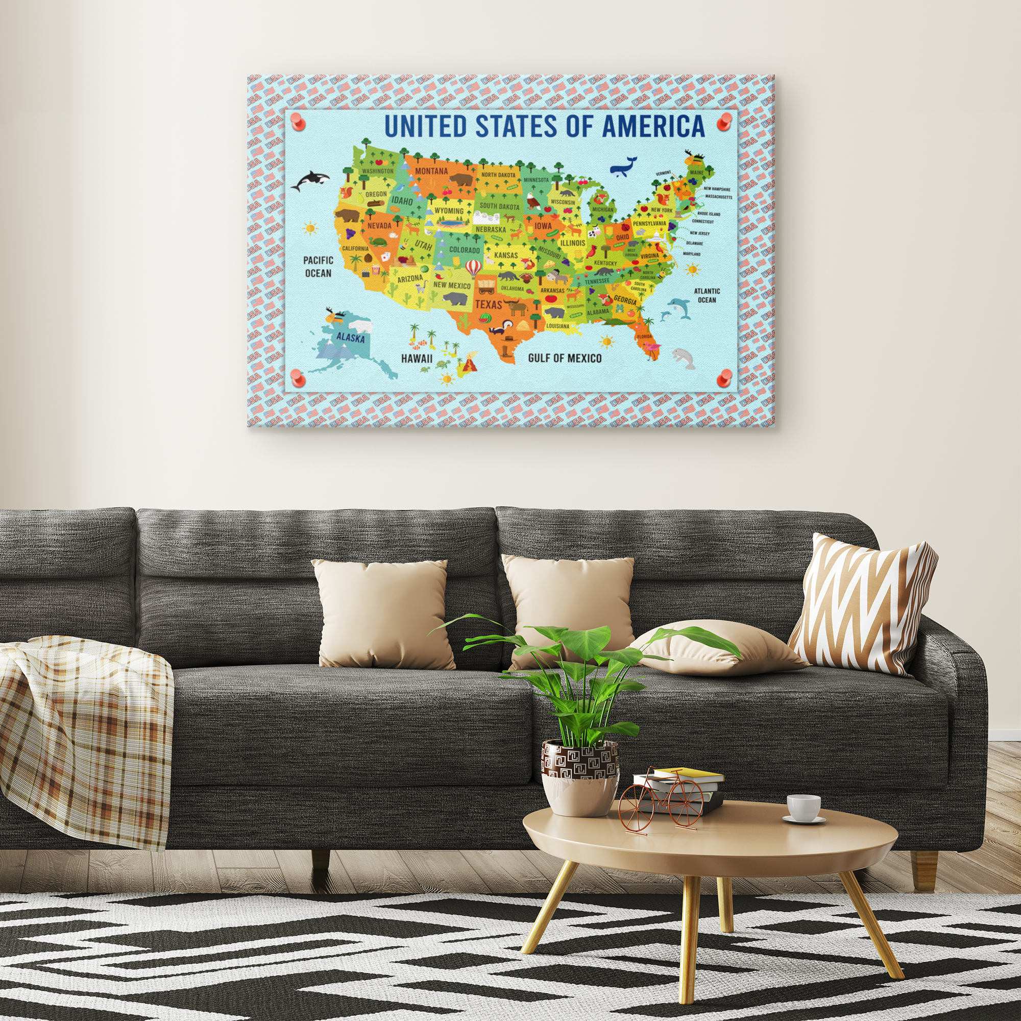 USA, United States Map for Kids, Canvas Wall Art for Children's Room, Learning, Educational Map for Boys & Girls