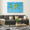Personalized Blue Map of World for Kids with Animals, Canvas Wall Art for Children's Room, Learning, Educational Map for Boys & Girls